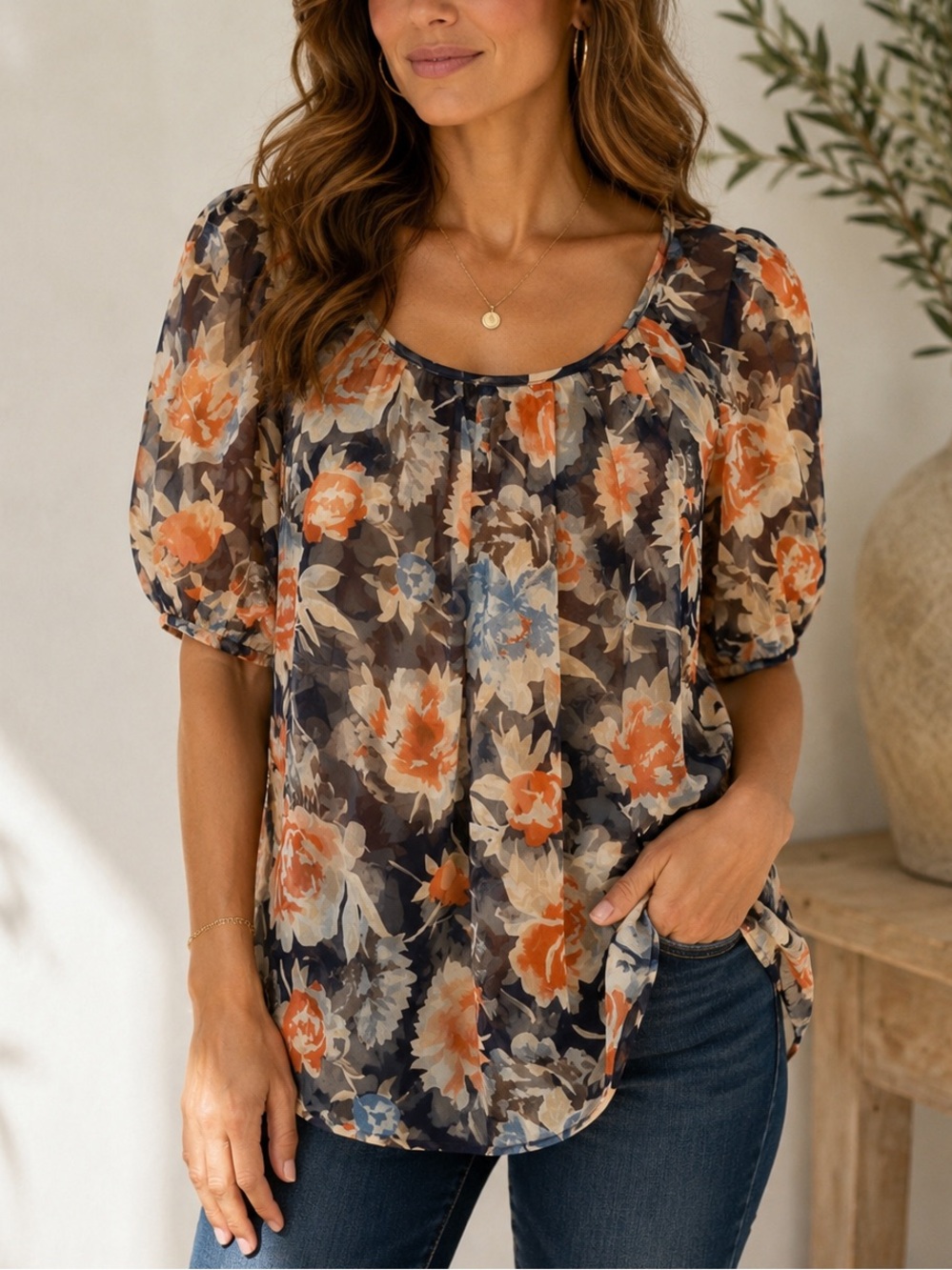 Joie Navy Sheer Floral Blouse with Orange & Cream Blooms 100% Silk